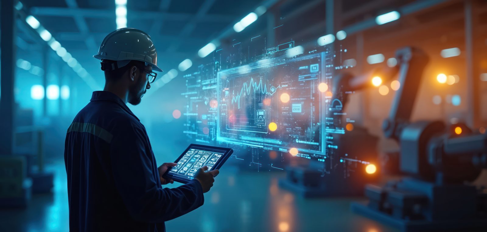 Engineer using a tablet to monitor industry-specific technology on a factory floor