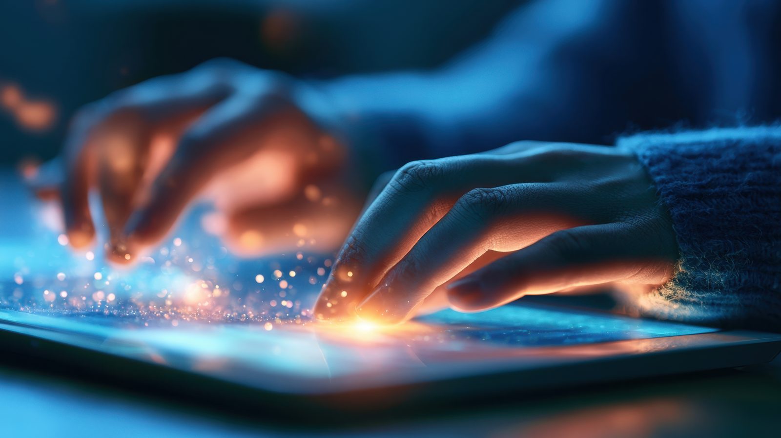 Close-up of hands interacting with a glowing tablet, representing strategic technology decisions