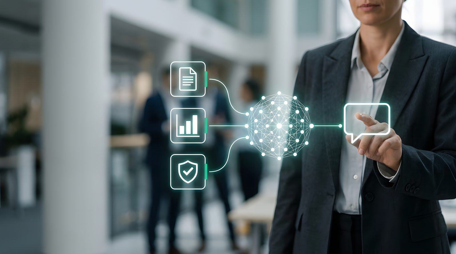 Businesswoman interacting with a data analytics and reporting network