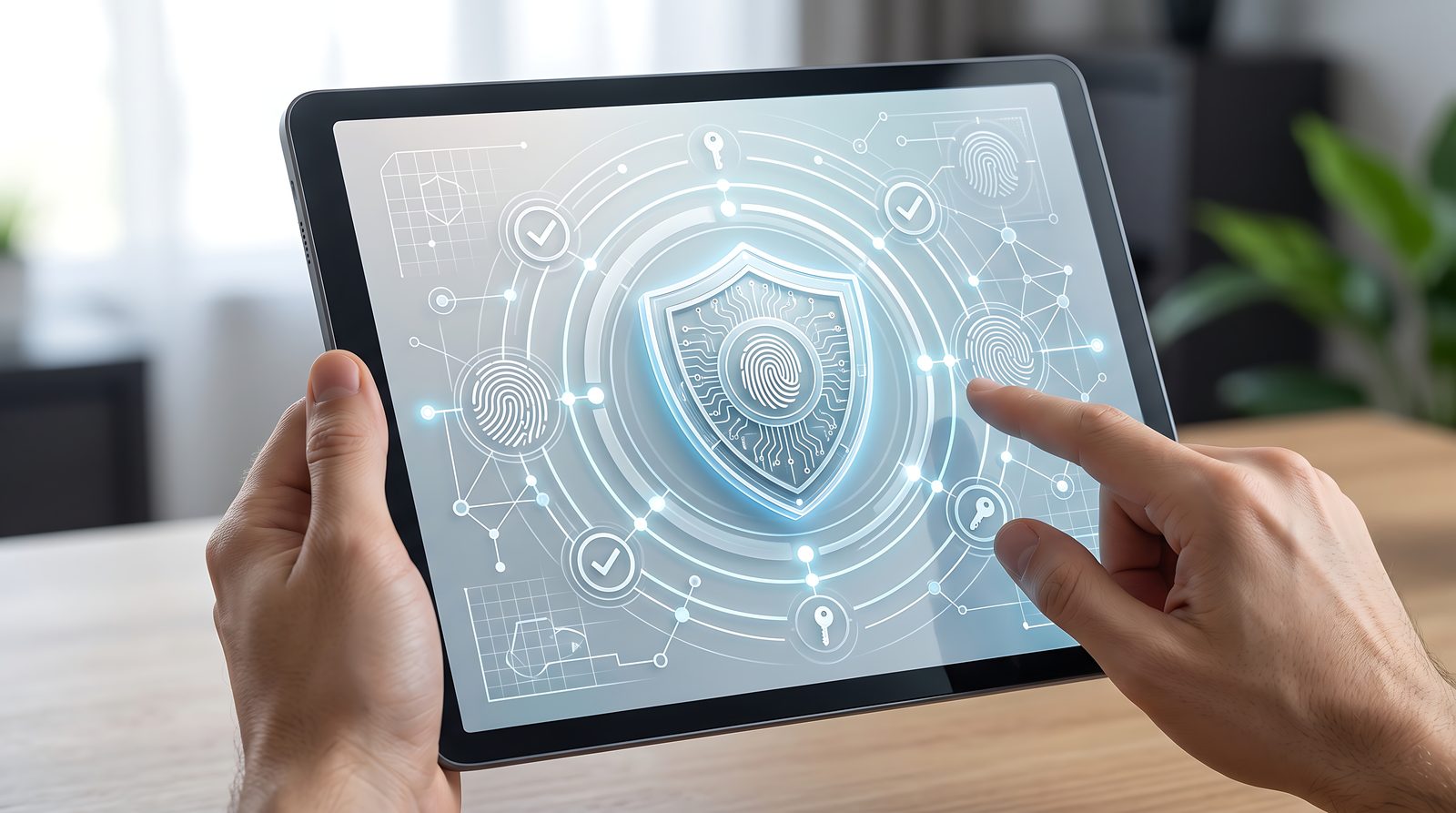 Hand securing content rights on a tablet showing shield, fingerprint, and key icons